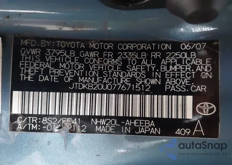 2007 Toyota Prius from USA, damaged, VIN JTDKB20U077671512